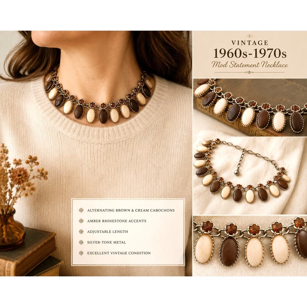 Vintage 1970s Mod Statement Necklace Brown Cream Cabochon Adjustable Choker MCM